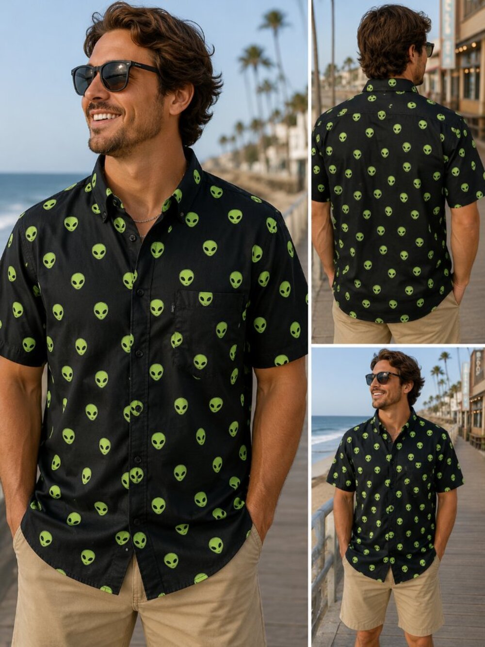 Molokai Surf Co Men’s XXL Black Green Alien Print Button Up Shirt qp